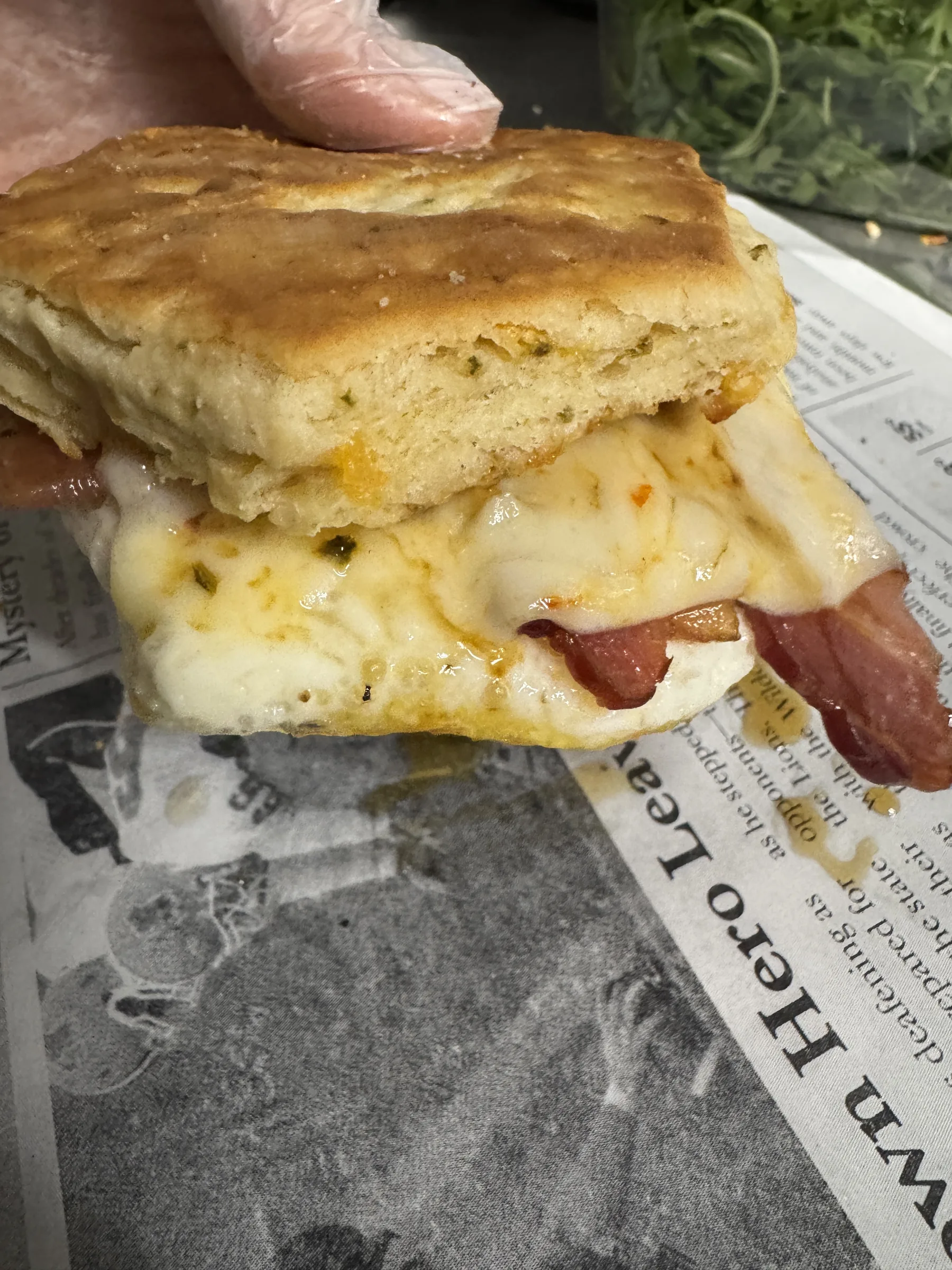 Young Bucks breakfast sandwich close-up